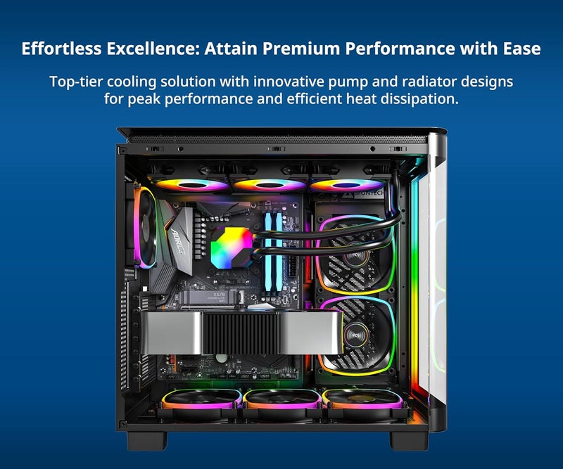 MONTECH HyperFlow ARGB 360 - AIO CPU Liquid Cooler, Intel&AMD Compatible, Chart-Topping Performance, Enhanced 3100RPM Water Pump Design, 3X Metal Pro 12 ARGB Ultimate Cooling Fans - Black - Image 3
